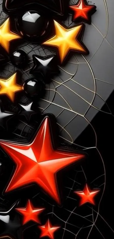 Dynamic wallpaper with vibrant red and yellow stars on a black background.