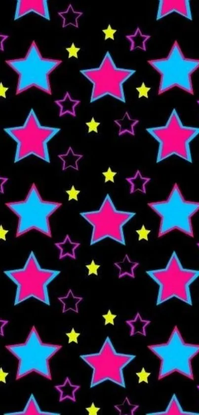 Vibrant star pattern wallpaper with colorful stars on black background.