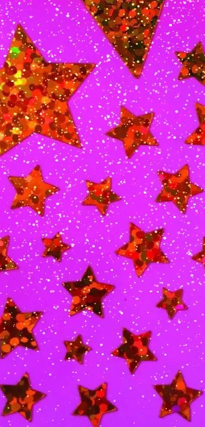 Vibrant wallpaper with red stars on a pink background.