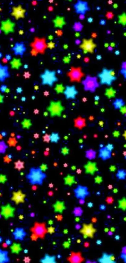 Colorful star pattern wallpaper with vibrant neon design on black background.