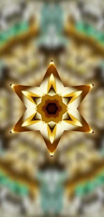 Kaleidoscopic star pattern with golden hues and abstract design.