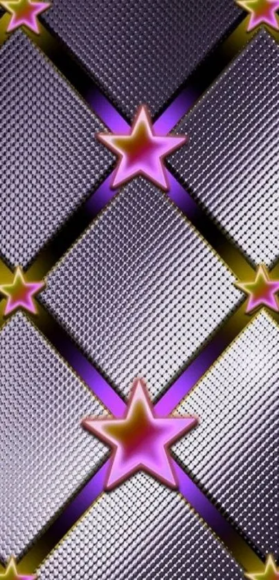 Vibrant wallpaper with pink and purple stars on a geometric pattern background.