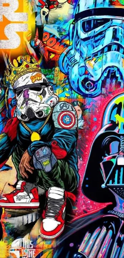 Colorful Star Wars collage with vibrant characters and dynamic design.