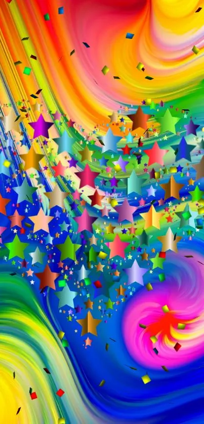 A vibrant, colorful mobile wallpaper with stars and swirling patterns.