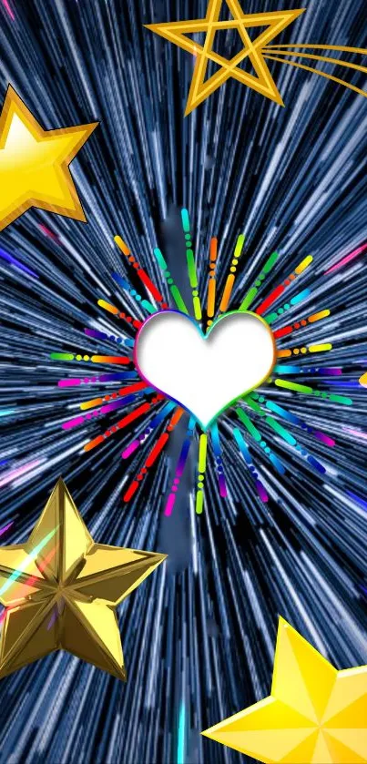 Vibrant wallpaper with a heart and bright stars on a dynamic blue background.