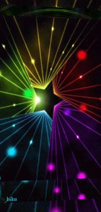 Colorful abstract starburst design on a black background with vibrant beams.