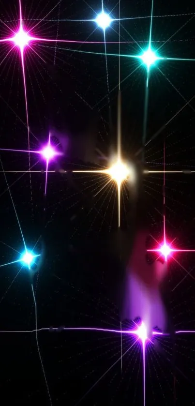 Colorful glowing starburst design on black background wallpaper.