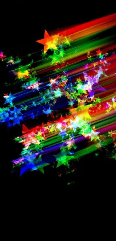 Colorful stars streaking on black background.