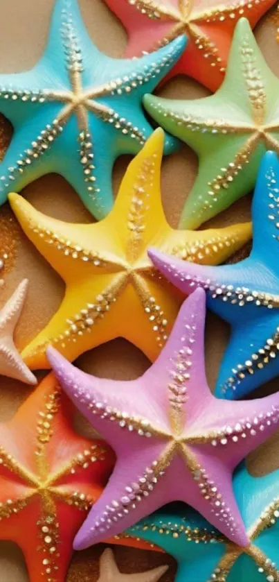 Colorful starfish art on a beach-themed wallpaper.