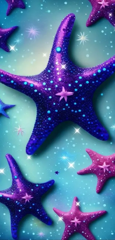 Bright starfish wallpaper with blue and purple hues on a mobile screen.