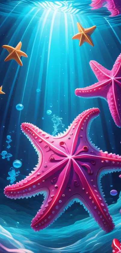 Vibrant starfish floating in a colorful underwater ocean scene.