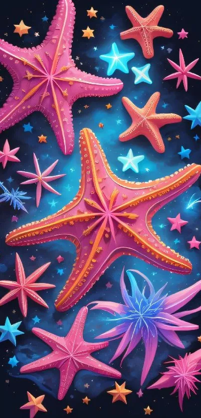 Vibrant starfish and colorful marine elements on a navy blue background.