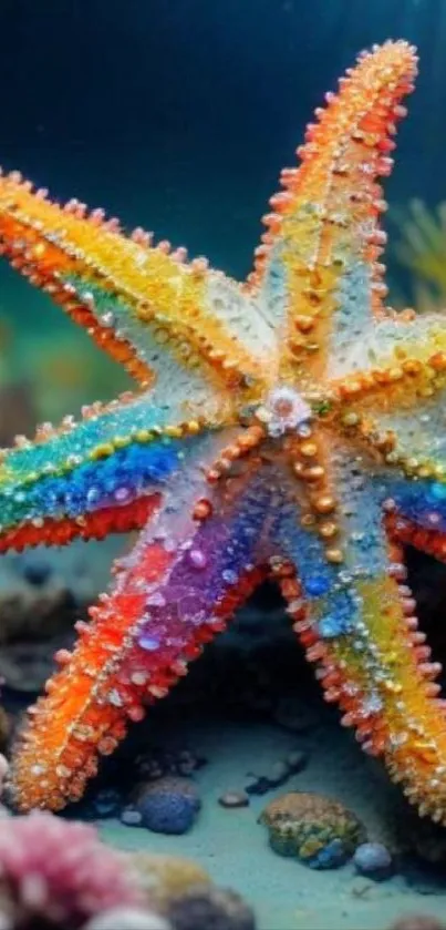 Colorful starfish and corals in ocean scenery.