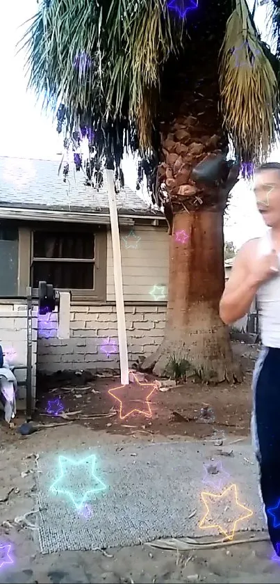 Backyard scene with glowing stars and palm tree.