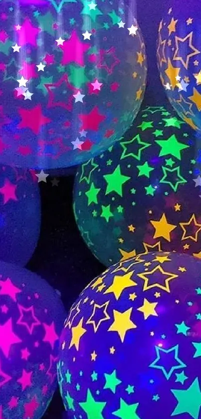 Colorful neon star balloons pattern on mobile wallpaper.