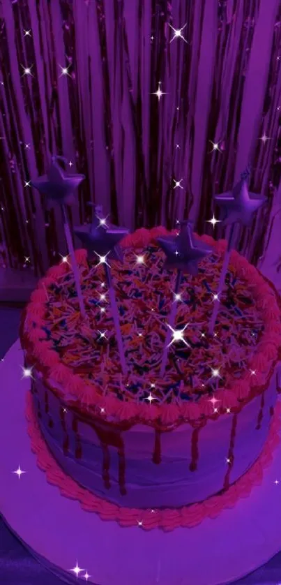 Vibrant purple cake with star decorations and sparkles.