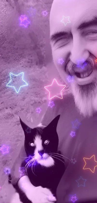 Vibrant wallpaper with a cat and neon stars.