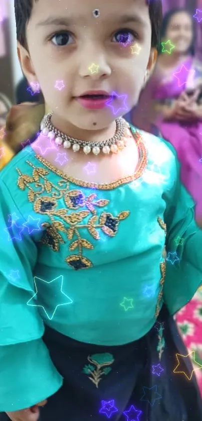 Child in traditional attire with starry background.