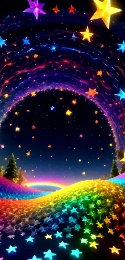 Vibrant starry landscape with rainbow hues and dazzling celestial stars.