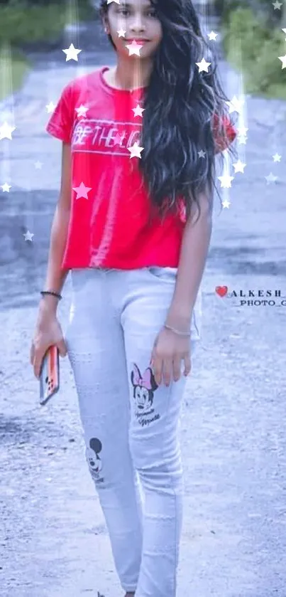 Girl in red top walking on a starry road wallpaper.