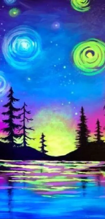 Surreal colorful night sky painting with stars and northern lights