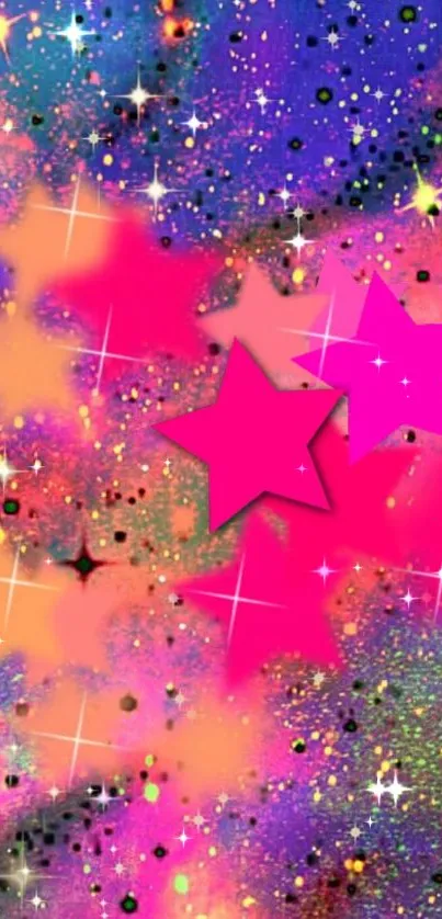 Colorful galaxy wallpaper with pink stars.