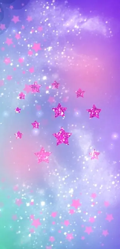 Vibrant wallpaper with pink stars and purple teal gradient.