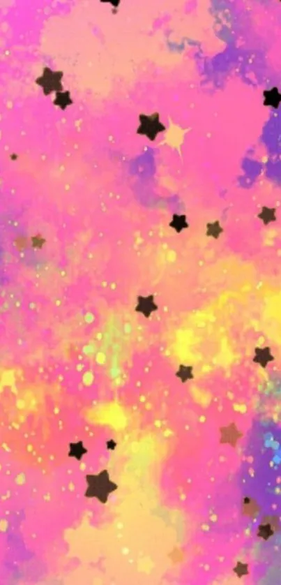 Vibrant galaxy wallpaper with pink, yellow, and black stars.