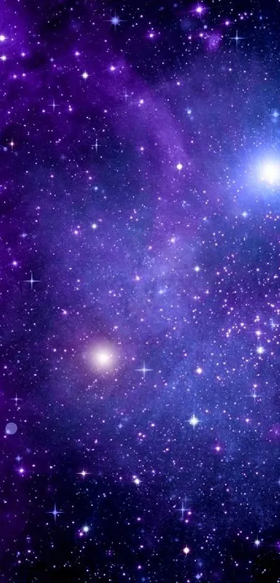 Purple galaxy wallpaper with stars glowing brightly in a cosmic scene.