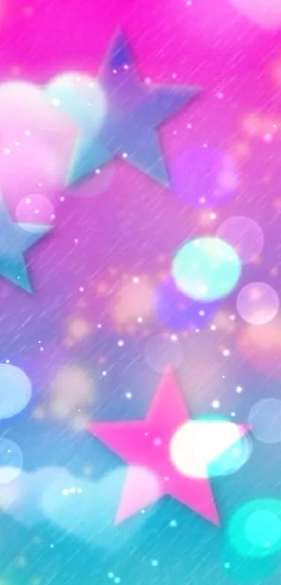 Vibrant starry gradient wallpaper in pink, blue, and teal colors.