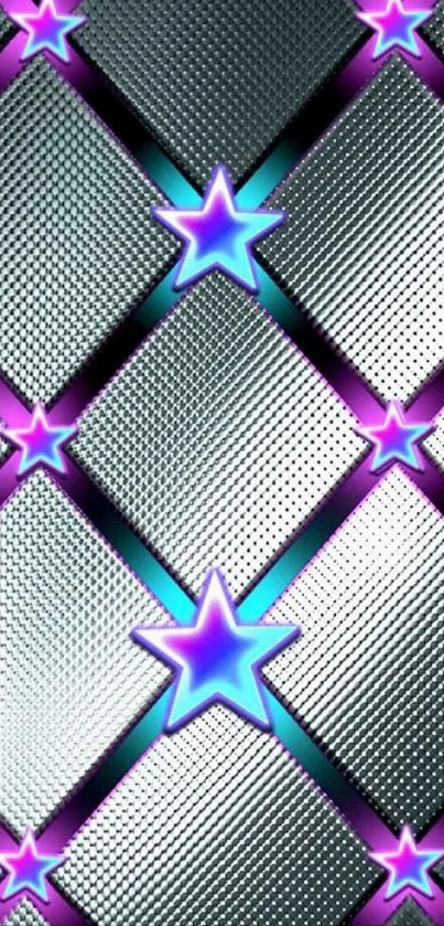 Vibrant starry grid wallpaper with purple and blue stars on a metallic silver background.