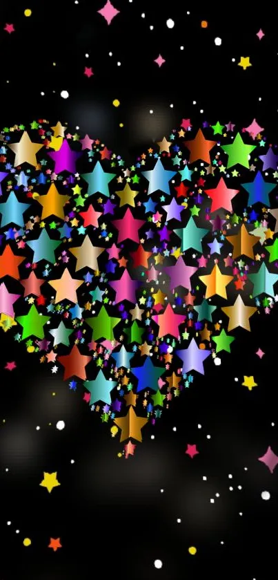 Colorful starry heart wallpaper with multicolored stars on black background.