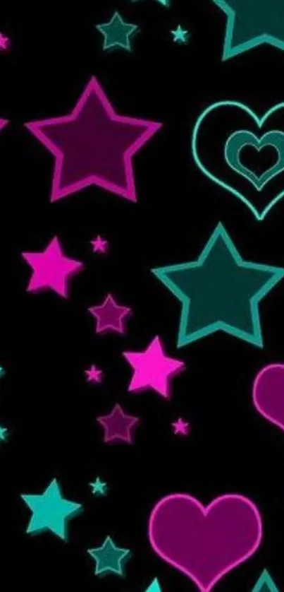 Neon stars and hearts on black wallpaper.