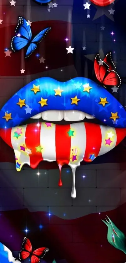 Vibrant patriotic lips with butterflies and roses