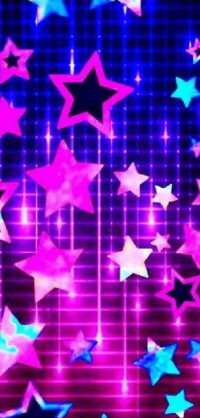 Vibrant wallpaper with colorful stars over a purple grid background.