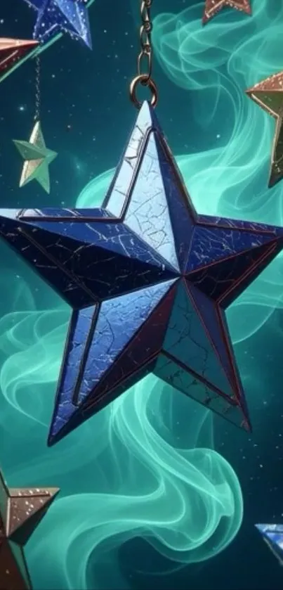 Colorful 3D stars with swirling teal background.