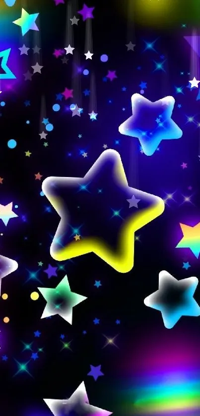 Colorful neon stars wallpaper with black background.