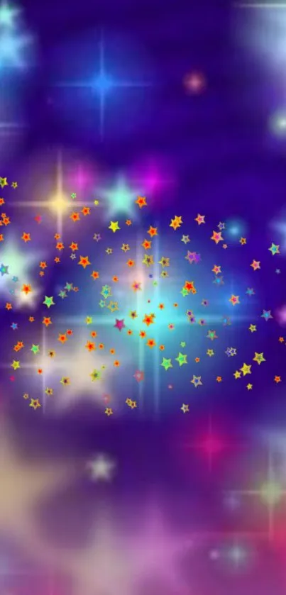 Vibrant wallpaper with colorful stars on blue background.