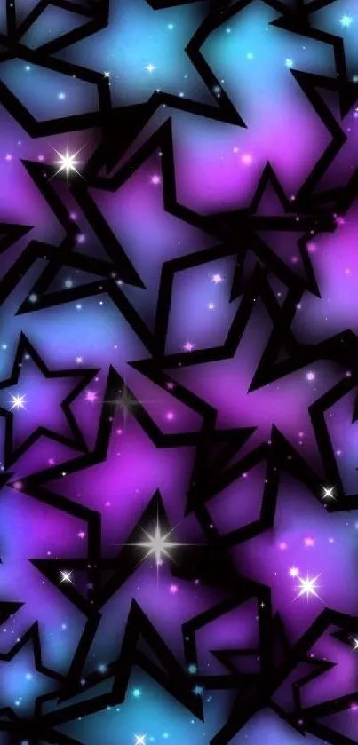 Vibrant wallpaper with purple and blue stars on a black background.