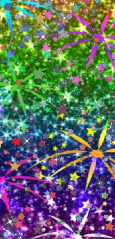 Vibrant colorful wallpaper with stars and fireworks.