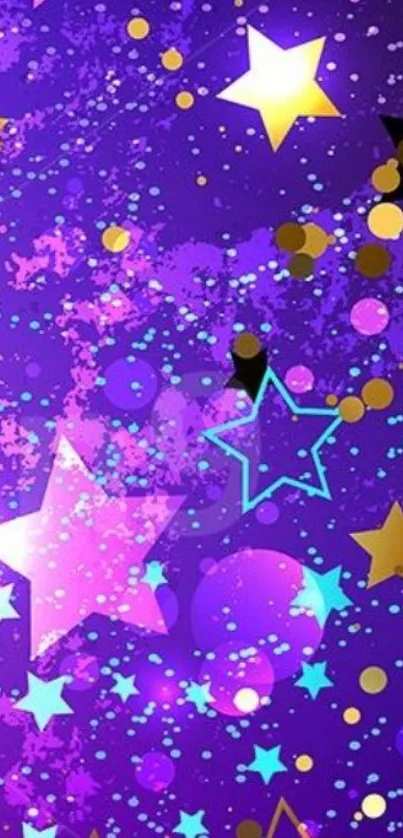 Vibrant purple wallpaper with stars and splashes of color.