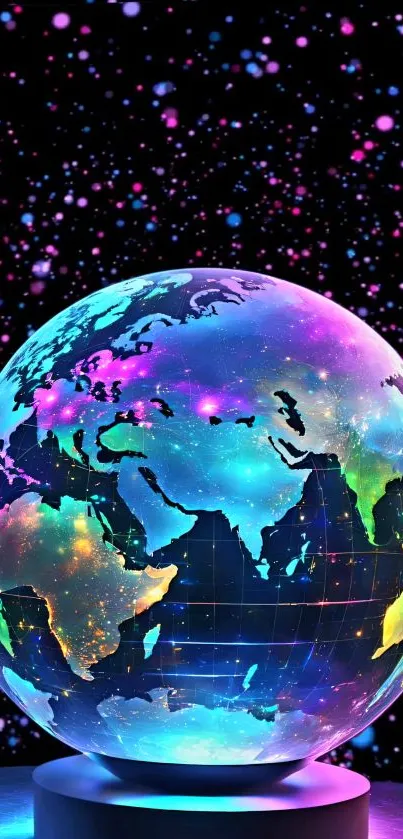 Vibrant cosmic wallpaper with colorful dots on a black background.