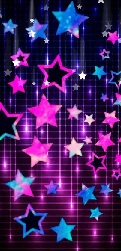 Mobile wallpaper with neon pink and blue stars on a dark grid background.