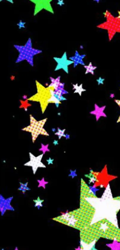 Vibrant wallpaper with multicolored stars on a black background.