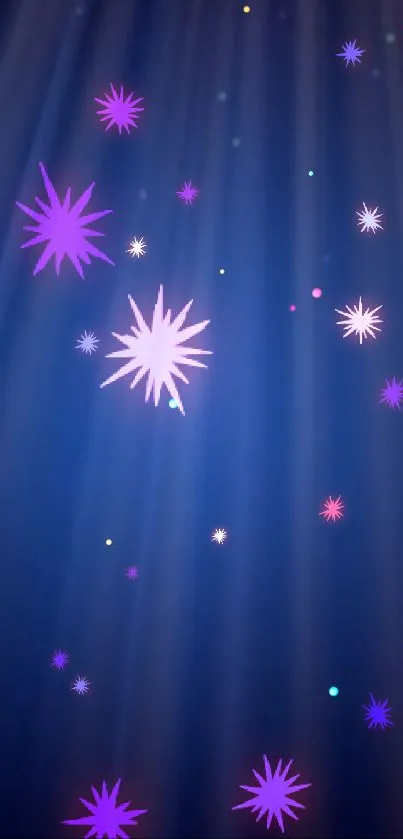 A vibrant wallpaper with purple stars on a deep blue background.