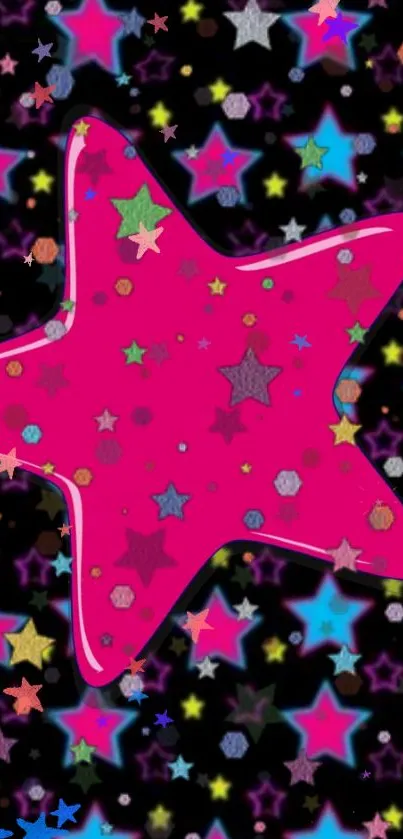 Vibrant pink star on a colorful starry background wallpaper.