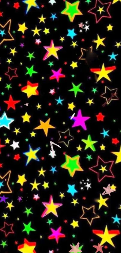 A colorful starry mobile phone wallpaper with multicolored stars on a black background.