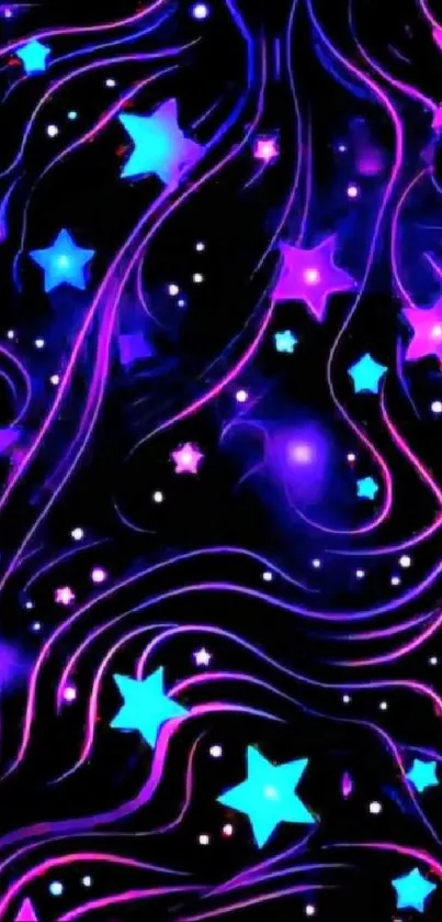 Neon starry night wallpaper with purple and blue stars on black background.