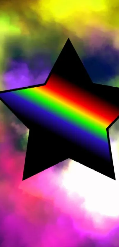 Rainbow star surrounded by colorful clouds on a phone wallpaper.