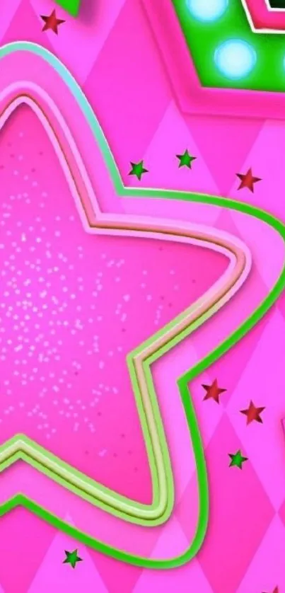 Colorful pink and green starry wallpaper design.